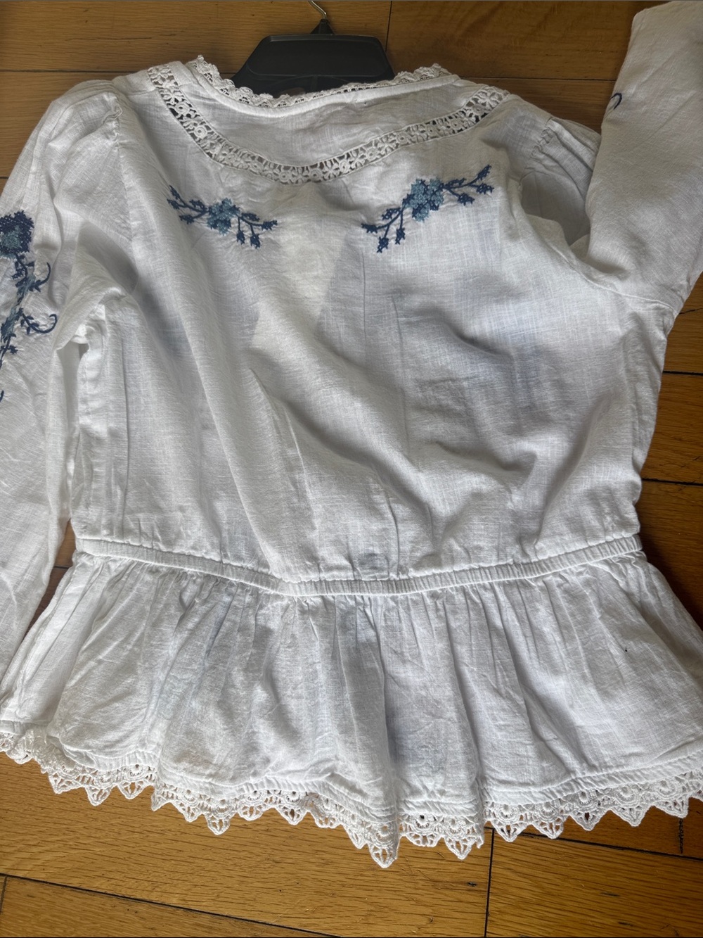White Peasant Blouse with Blue Floral Embroidery - Picture 6 of 6